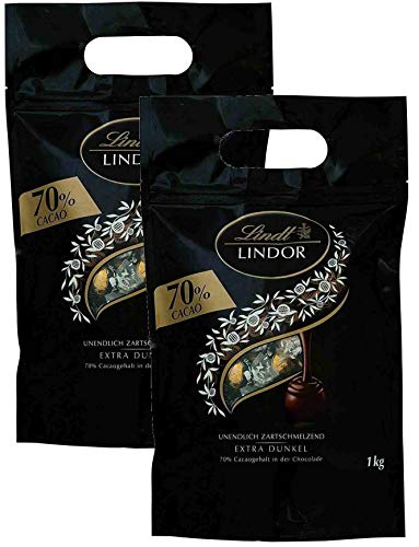 Lindt LINDOR Schokoladen Kugeln extra dunkel | 1 kg Beutel, wiederverschließbar | ca. 80 Kugeln Edelbitterschokolade | Dunkle Schokolade mit 70% Kakao | Großpackung, Pralinen-Geschenk (2 x 1 kg) von Lindt