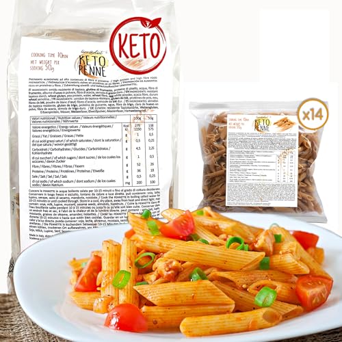 Penne Keto Line@diet | 14 einzelne 50g-Portionen ketogener Nudeln | 2,25g Kohlenhydrate und 0,5g Zucker, reich an Ballaststoffen und Eiweiß | 700g von Line@Diet