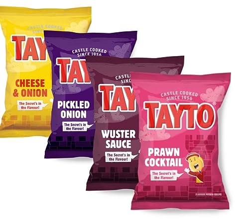 Tayto Knuspriger Käse und Zwiebeln, eingelegte Zwiebeln, Whustersauce, Garnelen-Cocktail, 4 x 65 g, 4 Packungen von Linenvale