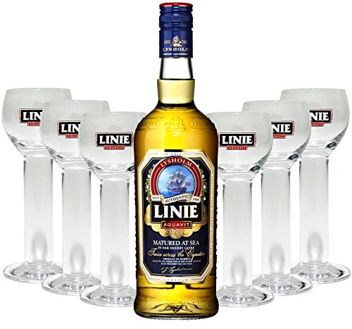 Linie Aquavit Norwegische Spezialität 1L (41,5% Vol) + 6x Gläser 2cl geeicht von Linie Aquavit