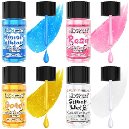 Essbarer Glitzer, 4 Farben Flüssiges Essbarer Glitzer für Getränke Lebensmittelfarben Set, Metallischer Glitzer Essbar für Kuchendekoration, Getränke, Zuckerguss, Cocktails, Erdbeeren - 10ml von LioTresk