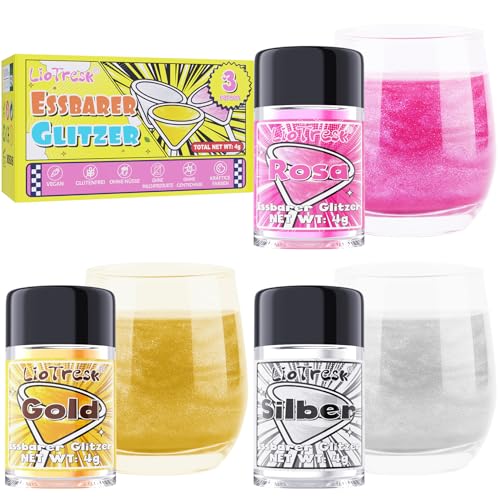 Essbarer Glitzer – 3 Cocktail Essbarer Glitzer für Getränke, Glanz-Lebensmittel Glitzer für Getränke, Glitzer Essbar für Torten Weihnachten, Halloween, Schokolade, Fondant – Gold, Silber, Pink von LioTresk