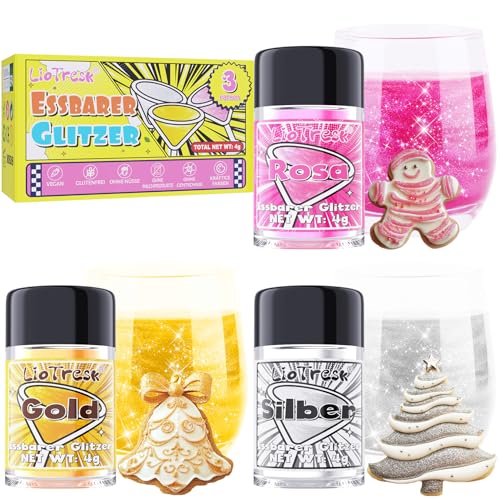 Essbarer Glitzer – 3 Cocktail Essbarer Glitzer für Getränke, Glanz-Lebensmittel Glitzer für Getränke, Glitzer Essbar für Torten Weihnachten, Halloween, Schokolade, Fondant – Gold, Silber, Pink von LioTresk