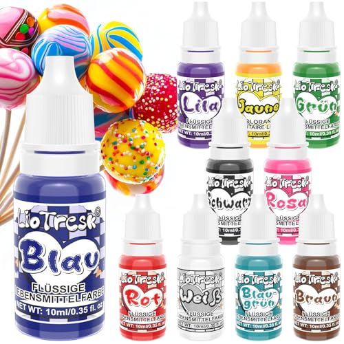 Lebensmittelfarbe Flüssig Set – 10 Farben Flüssiges Lebensmittelfarben– Lebendige Flüssige Lebensmittelfarbe Zum Backen, für Sahne, Dekorieren, Zuckerguss, Fondant, Macarons – Vegan, 10ml von LioTresk