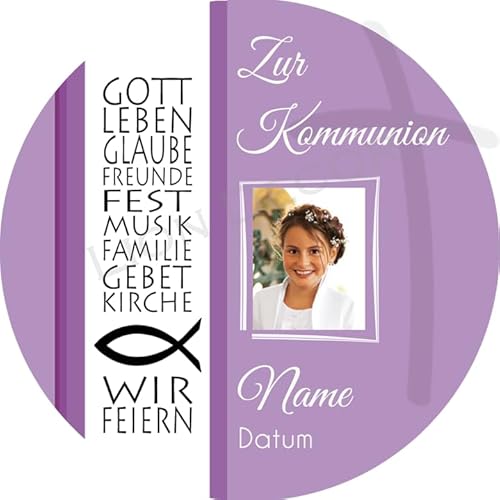 Tortenaufleger KOMMUNION2 I GEBURTSTAG I KONFIRMATION I TAUFE I HOCHZEIT I FIRMUNG... personalisiert mit Wunschtext & Datum/mehr Farben zur Auswahl / 20 cm Ø (lila) von Lion-Decor GmbH