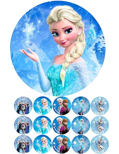 Essbarer Fondant Tortenaufleger Frozen Elsa 2er Set/ 1Stück Rund 20 cm Ø / 20 Stück Miniaufleger Rund 4 cm Ø von Lion-Decor