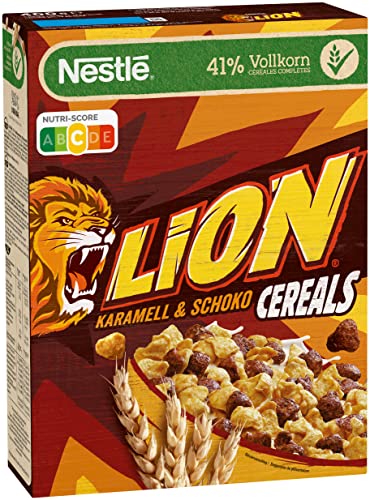 NESTLÉ LION Cereals, Schoko Cerealien mit Karamell und 41% Vollkorn, Frühstücksflocken mit Vitaminen & Mineralstoffen, 1er Pack (1x400g) von Lion