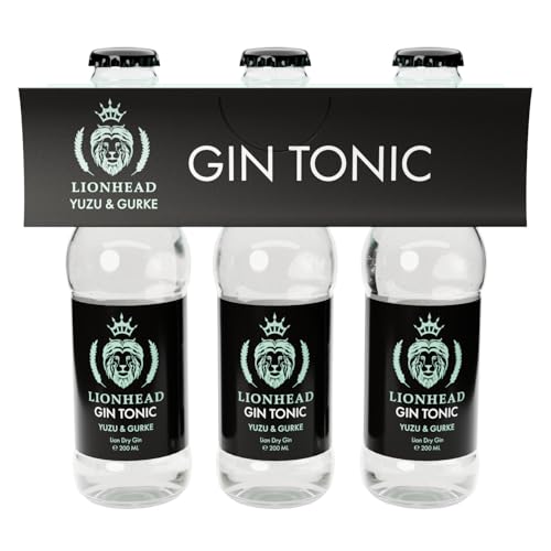 Lionhead Gin Tonic Yuzu & Gurke 3er Set | erfrischendes servierfertiges Mixgetränk aus Lion Dry Gin & Tonic mit Yuzu & Gurke | Jetzt trinkfertig in der handlichen Flasche | 10% Vol. (3 x 0,2 l) von Lionhead