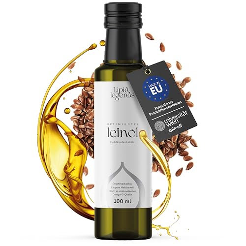 LIPID LEGENDS Leinöl 100ml Optimiert [Antioxidantien, haltbar, aromatisch, vegan, Omega 3] kaltgepresst I Erwachsene & Kinder I Massageöl Öl I gesunde Ernährung I Vitamin E I ALA I Polyphenolreich von Lipid Legends