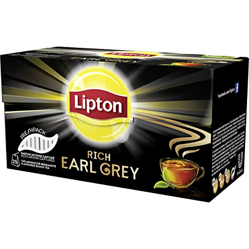 Lipton Earl Grey Tee - mit zarten, handgepflückten Schwarzteeblättern, 25 Teebeutel (1 x 25 Pyramidenbeutel) Rainforest-Alliance zertifiziert von Lipton