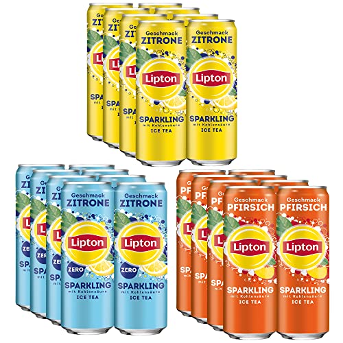 Lipton Ice Tea Sparkling Box: Eistee mit Kohlensäure in verschiedenen Geschmacksrichtungen - 8x Zitrone, 8x Zitrone Zero, 8x Pfirsich, EINWEG Dosen (24 x 0.33 l) von Lipton