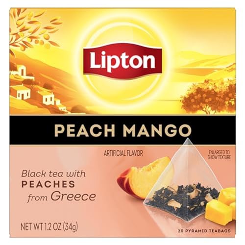 Lipton Schwarzer Tee, Pfirsich-Mango, Pyramiden-Teebeutel, aromatisierte Teebeutel für eine erfrischende Tasse Tee, insgesamt 20 Teebeutel von Lipton