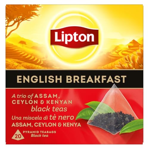 Lipton Schwarztee English Breakfast, ein Trio aus Assam, Ceylon und kenianischem Schwarztee, für einen Moment des klassischen Genusses, Pyramidenbeutel, 20 Stück von Lipton