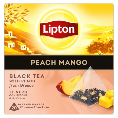 Lipton Schwarztee Peach Mango, mit Pfirsichen aus Griechenland, für einen Moment der Erfrischung, Pyramidenbeutel, 20 Stück von Lipton