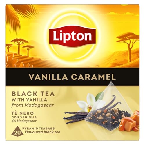 Lipton Schwarztee Vanilla Caramel, mit Vanille aus Madagaskar und Karamellflocken, für einen Moment der puren Zufriedenheit, Pyramidenbeutel, 20 Stück von Lipton