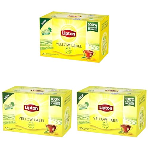 Lipton | Yellow Label | Schwarzer Tee | mit zarten, handgepflückten Schwarzteeblättern | Rainforest-Alliance zertifiziert | 3er Pack | 20 Teebeutel von Lipton