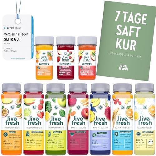 LiveFresh Saftkur 7 Tage | 49 Säfte (250ml) & 21 Shots (60ml) kaltgepresst¹ | 713 Kalorien pro Tag | Vegane Fastenkur | Booklet mit Tipps & Tricks | Frisch gepresste Fruchtsäfte | 12,25€ Pfand von LiveFresh