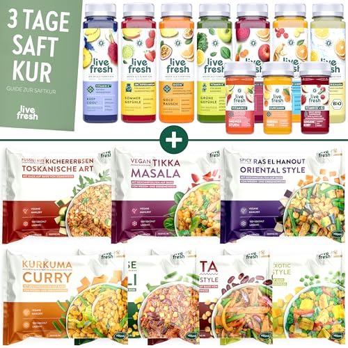 LiveFresh 3 Tage Saftkur + Veganuary Bundle | 7 vegane Fertiggerichte (400g) High Protein & Lower Carb | Saftkur mit 21 Säften (250ml) & 9 Shots (60ml) | Inkl. 5,25€ Pfand von LiveFresh