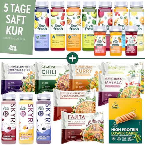 LiveFresh 5 Tage Saftkur + Shape Bundle | High Protein Paket mit 12 Skyr (250ml), 2 Pasta (250g) & 7 Fertiggerichte (400g) | Saftkur mit 35 Säften (250ml) & 15 Shots (60ml) | Inkl. 11,75€ Pfand von LiveFresh