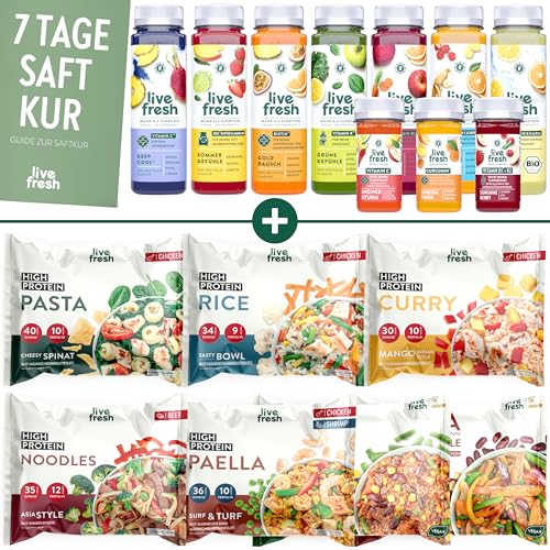 LiveFresh 7 Tage Saftkur + Bowl Bundle | 7 Fertiggerichte (400g) High Protein & Lower Carb | Saftkur mit 49 Säften (250ml) & 21 Shots (60ml) | Inkl. 12,25€ Pfand von LiveFresh