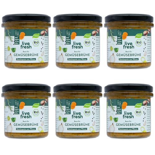 LiveFresh BIO Gemüsebrühe | 6x135g vegane Gemüsepaste ohne Glutamat und Zusätze | Glutenfreie Alternative zur Brühe aus Pulver | Aus Karotten, Sellerie, Zwiebeln, Lauch & Ingwer | Für 32 Liter von LiveFresh