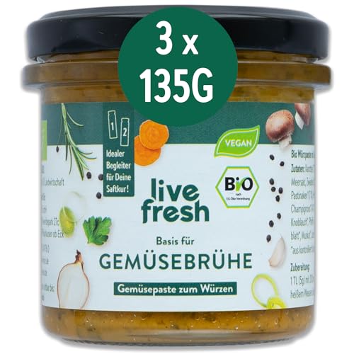 LiveFresh BIO Gemüsebrühe | 3x135g vegane Gemüsepaste ohne Glutamat und Zusätze | Glutenfreie Alternative zur Brühe aus Pulver | Aus Karotten, Sellerie, Zwiebeln, Lauch & Ingwer | Für 16 Liter von LiveFresh