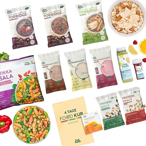 LiveFresh Foodkur 4 Tage | Veganes Set zum Abnehmen mit 3 Mahlzeiten pro Tag | Porridge, Fertiggerichte, Proteinshakes & Vitamine | Inkl. Booklet mit Tipps & Tricks zur Kur von LiveFresh