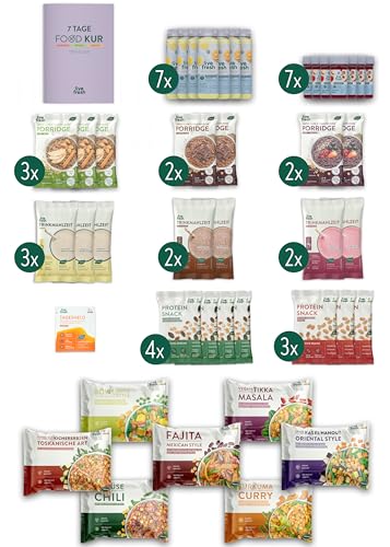 LiveFresh Foodkur 7 Tage | Veganes Set zum Abnehmen mit 3 Mahlzeiten pro Tag | Porridge, Fertiggerichte, Proteinshakes & Vitamine | Inkl. Booklet mit Tipps & Tricks zur Kur von LiveFresh