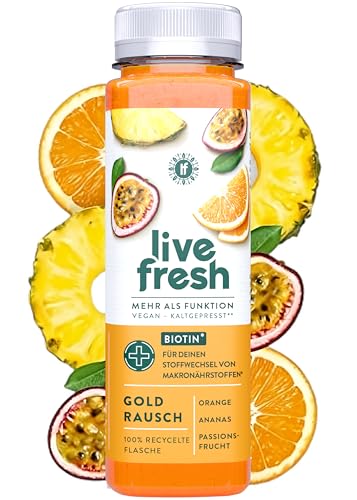 LiveFresh Gold Rausch | 12x250ml kaltgepresster Multivitaminsaft mit Biotin | Fruchtsaft aus Orangen, Ananas, Apfel, Karotten & Passionsfrucht | Vegane Fruchtsäfte ohne Zuckerzusatz | Inkl. 3€ Pfand von LiveFresh