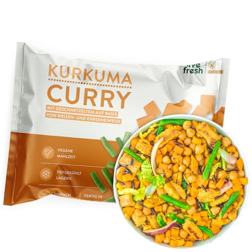 LiveFresh Kurkuma Curry | 14 x 400g vegane Diät Feriggerichte | Low Carb Lebensmittel mit 30g Protein und nur 450 kcal pro Portion | Schnell zubereitet | Schonend schockgefrostet von LiveFresh