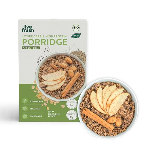 LiveFresh Porridge Apfel-Zimt | Aus Sojaflocken | Kalorienarm & Proteinreich | Vegan & Glutenfrei | Bioqualität Aus Regionalem Anbau | 420g von LiveFresh