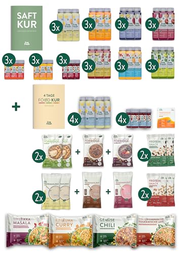 LiveFresh Saftkur 3 Tage + Foodkur 4 Tage | 21 Säfte, 9 Shots kaltgepresst | 3 Porridges, 3 Proteinpulver, 4 Fertiggerichte & Vitaminkapseln | Vegan & Laktosefrei | Inkl. 5,25€ Pfand von LiveFresh