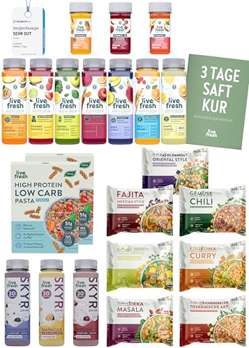 LiveFresh 3 Tage Saftkur + Shape Bundle | High Protein Paket mit 12 Skyr (250ml), 2 Pasta (250g) & 7 Fertiggerichte (400g) | Saftkur mit 21 Säften (250ml) & 9 Shots (60ml) | Inkl. 8,25€ Pfand von LiveFresh