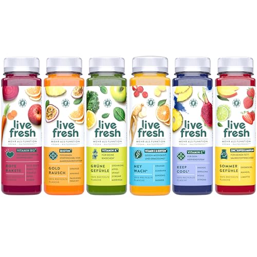 LiveFresh Saft Probierpaket | 6 kaltgepresste Wellness Säfte (250ml) | Aus frischem Obst & Gemüse | Reich an Vitaminen | Ohne Zucker & Zusätze | Inkl. 1,50€ Einwegpfand von LiveFresh