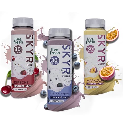 LiveFresh Skyr High Protein Drink Probierpaket | Heidelbeere, Kirsche & Maracuja | Protein Shake Alternative ohne Zuckerzusatz | 30g Eiweiß | 18x250ml | Inkl. 4,50€ Pfand | Gekühlter Expressversand von LiveFresh