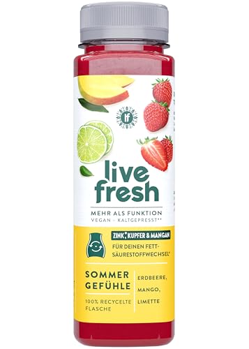 LiveFresh Sommergefühle | 12x250ml kaltgepresster Fruchtsaft aus Äpfeln, Erdbeeren, Mango & Limette | Vegane Fruchtsäfte ohne Zuckerzusatz | Erfrischung aus sommerlichen Früchten | Inkl. 3€ Pfand von LiveFresh