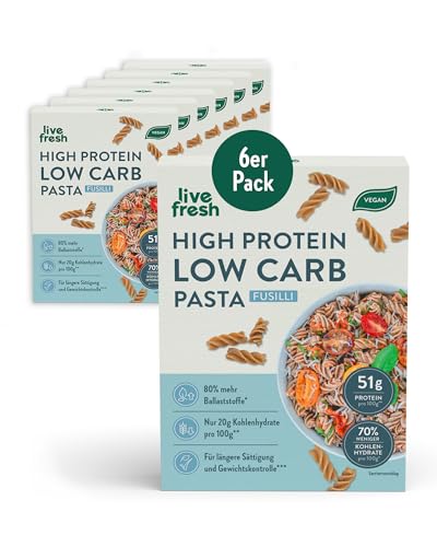 Live Fresh High Protein Low Carb Nudeln | Vegane Vollkorn Fusilli mit 51g Protein | 80% mehr Ballaststoffe & 70% weniger Kohlenhydrate | Low Carb Lebensmittel zum Abnehmen & Muskelaufbau | 12x250g von LiveFresh