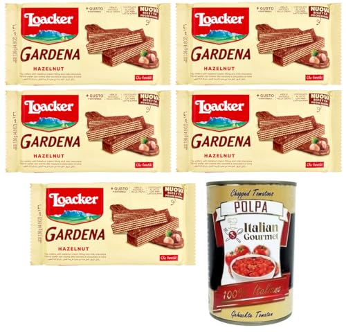 5x Loacker Wafer Gardena Hazelnut Duftende Waffeln mit Haselnusscreme,umhüllt von Milchschokolade 136g + Italian Gourmet Polpa di Pomodoro 400g Dose von Loacker