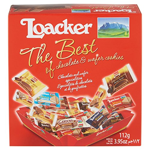 Loacker Best of Moments 112g • Geschenkbox knusprige Waffel- & Schokoladespezialitäten mit Haselnuss-, Schokoladen-, Vanille-, Kokos-Partybox gefüllt mit Loacker Snacks von Loacker