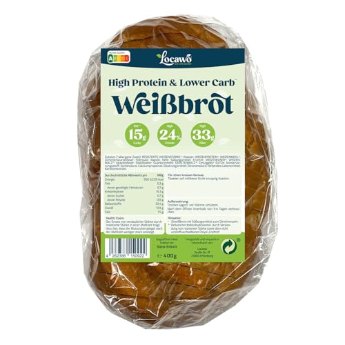 Locawo High Protein & Low Carb Weißbrot | Eiweißbrot | Voller Weizengeschmack | Vegan | ideal für eine eiweißreiche, kalorien- und zuckerreduzierte Ernährung von Locawo