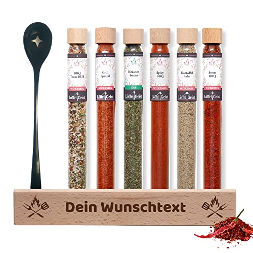 Löffelgeist® Grillgewürz-Geschenkset mit Wunschtext. (6er Grillgewürz Set) von Löffelgeist