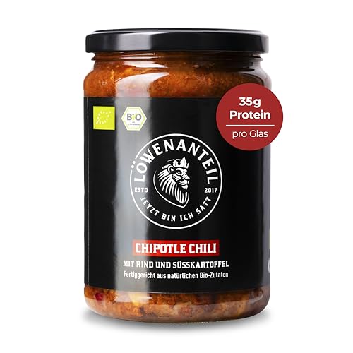 Löwenanteil - 100% Bio-Eintopf CHIPOTLE CHILI - 570g Glas - Proteinreiches Bio-Fertiggericht mit bestem Bio-Rindfleisch & Süßkartoffel - Ohne Zuckerzusatz & Glutenfrei von Löwenanteil