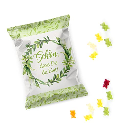 Logbuch-Verlag 100 Give-Aways Gummibärchen Päckchen grün weiß floral - Gastgeschenk Hochzeit SCHÖN DASS DU DA BIST - Hochzeitsdeko Süßigkeit von Logbuch-Verlag