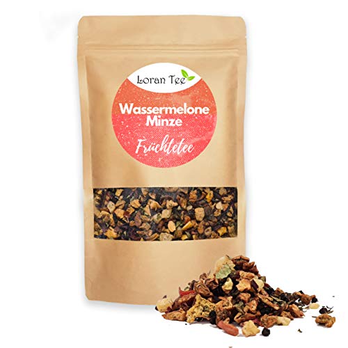 LORAN - Früchtetee Wassermelone-Minze 150g,Wassermelonenflocken, Pfefferminze(9%), Honigmelonenwürfel, Hibiskusblüten, loser Früchtetee in Zippbeutel, koffeinfrei von Loran Tee