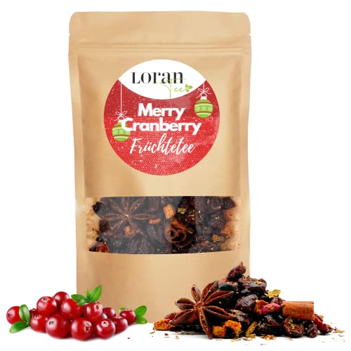 Loran Tee - Früchtetee Merry Cranberry 100g, Standbodenbeutel mit losem Tee, Tee Fruchtstücken, Cranberry, Zimt, Sternanis, Weihnachtstee von Loran Tee