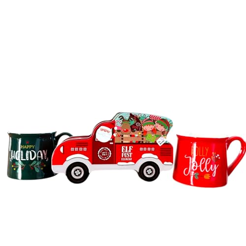 Loran Tee - Geschenk Set, Weihnachtsmann Auto mit Elfen und 2 Tassen Grün/Rot, loser Tee, Kräutertee, Geschenkidee,100g loser Tee, Teeset, Santa's süße Zimtschnecke von Loran Tee