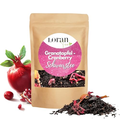 Loran Tee - Schwarzer Tee Granatapfel-Cranberry, 100g, Premium Qualität, Ceylon Tee, lose in Zippbeutel, Cranberryscheiben, Granatapfelkerne, Himbeerstücke, Bauernrosenblüten von Loran Tee