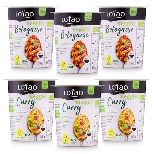 LOTAO Instant Gerichte im 6er Mix Set | Vegane BIO Fertiggerichte im Becher und ohne Zusatzstoffe | 3x Bolognese Nudeln und 3x Curry | Ideales Essen für Camping, Outdoor und Festival von Lotao