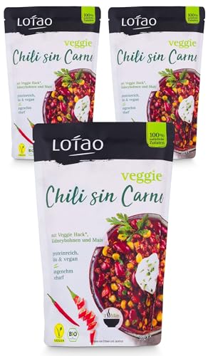 LOTAO Veganes Chili Sin Carne 3x 320g Set | Würziges veganes Fertiggericht mit Veggie Hack Fleischersatz | Schnelle vegetarische und vegane Fertigessen + Lebensmittel ohne Zusatzstoffe und Soja von Lotao