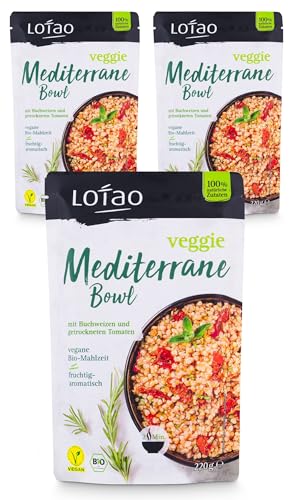 LOTAO Veggie Mediterrane Bowl 3x220g Set Vegane Fertiggerichte | BIO-Gericht ohne Zusätze + Soja | Schnell und praktisch: Fertigessen für Mikrowelle und Pfanne | Vegane Lebensmittel für jeden Tag von Lotao